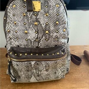 MCM Snakeskin Pattern Backpack with Gold Studs